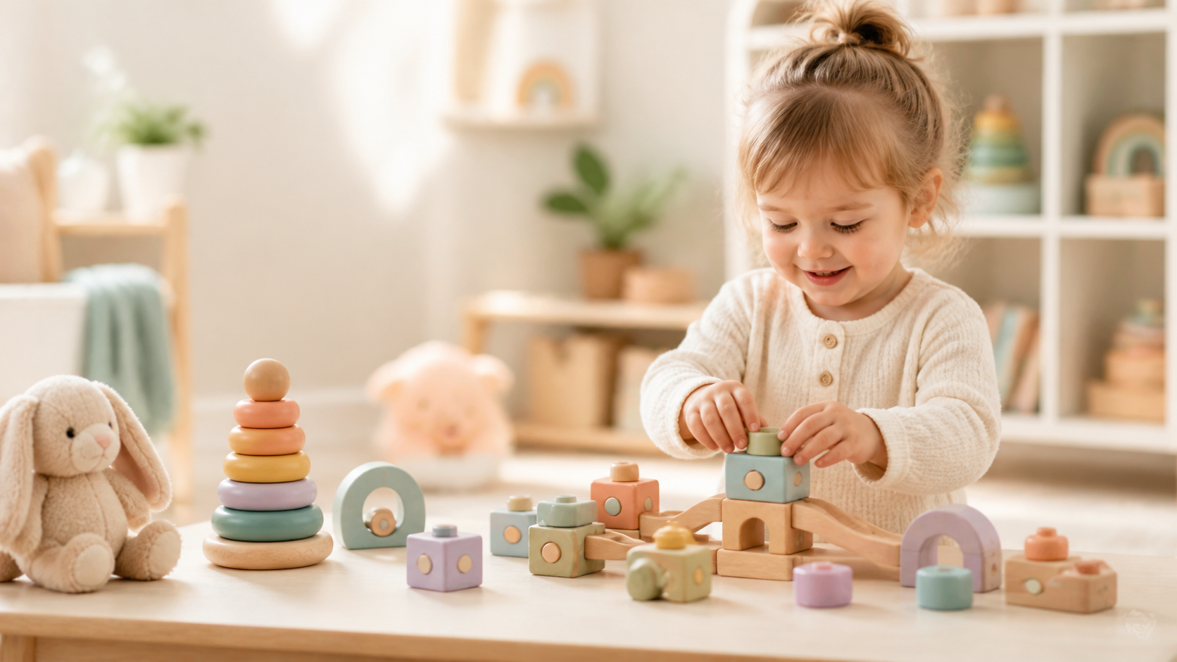 Child playing with pastel toys